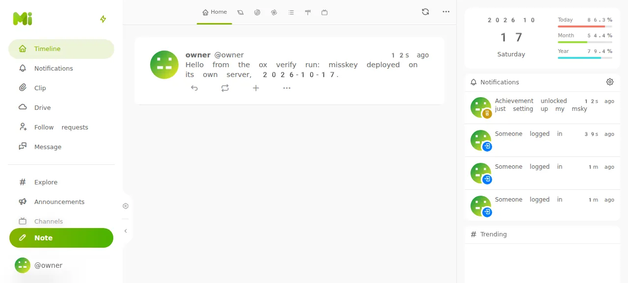 The Misskey timeline with the first note posted by owner